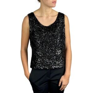 VINTAGE 1960S WOOL BLACK EMBELLISHED BEAD SEQUIN FRINGE KNIT TANK TOP MAI JACOB